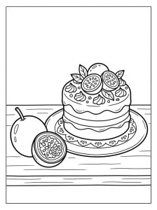 Fatia de bolo de maracujá com a fruta ao lado, para colorir