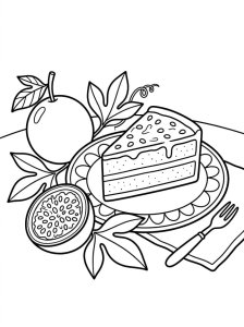 Bolo inteiro de maracujá com frutas à volta, para colorir