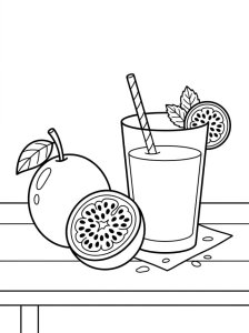 Copo de sumo de maracujá com a fruta ao lado, para colorir