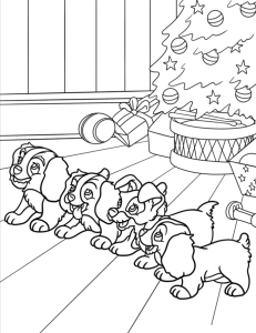 Os cachorrinhos junto à árvore de Natal, desenho para colorir