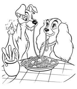 O jantar de esparguete à luz da vela, desenho para colorir