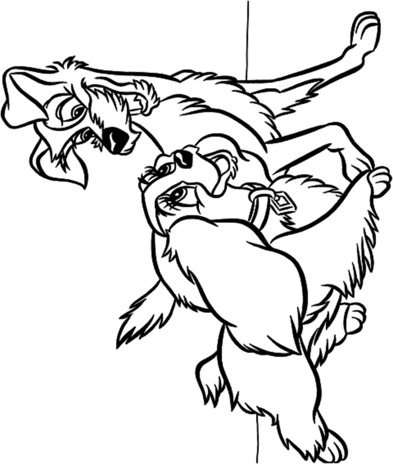 O Vagabundo a brincar com um cachorro, desenho para colorir