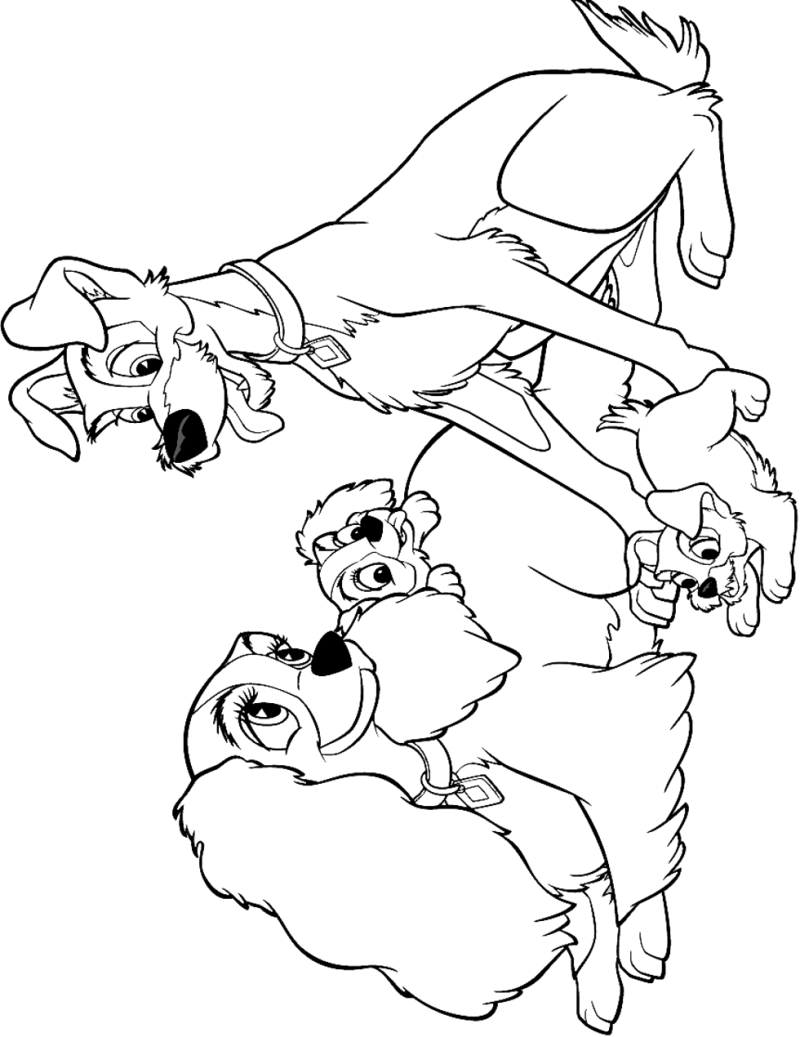O Vagabundo e os cachorrinhos a brincar, desenho para colorir