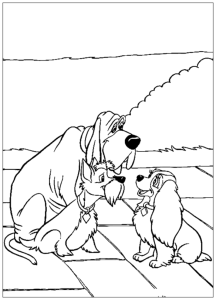 A Dama e o Vagabundo com um velho cão de caça, desenho para colorir