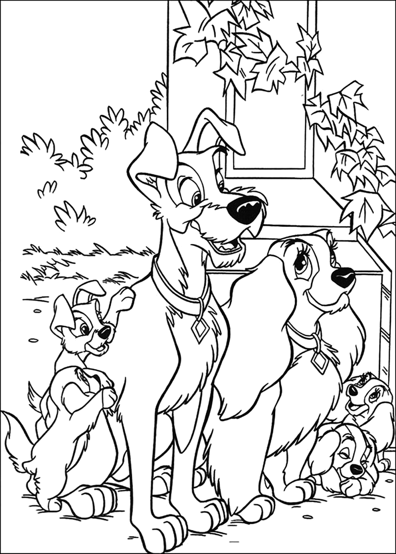 A Dama, o Vagabundo e os filhotes no jardim, desenho para colorir
