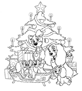 A família junto à árvore de Natal, desenho para colorir