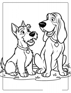 O Vagabundo e um cão de caça lado a lado, desenho para colorir