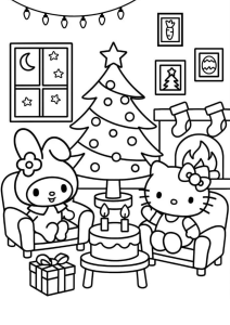 Desenho para colorir de My Melody e Hello Kitty junto à árvore de Natal