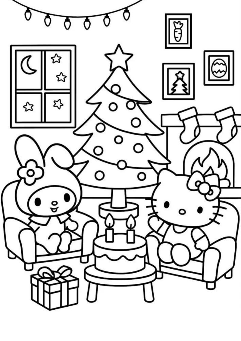 Desenho para colorir de My Melody e Hello Kitty junto à árvore de Natal