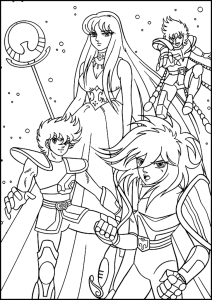 Desenho para colorir de Saori com o báculo e os Cavaleiros de Bronze