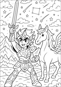 Desenho para colorir de Seiya em versão chibi com o Pégaso