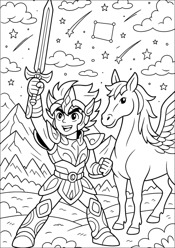 Desenho para colorir de Seiya em versão chibi com o Pégaso