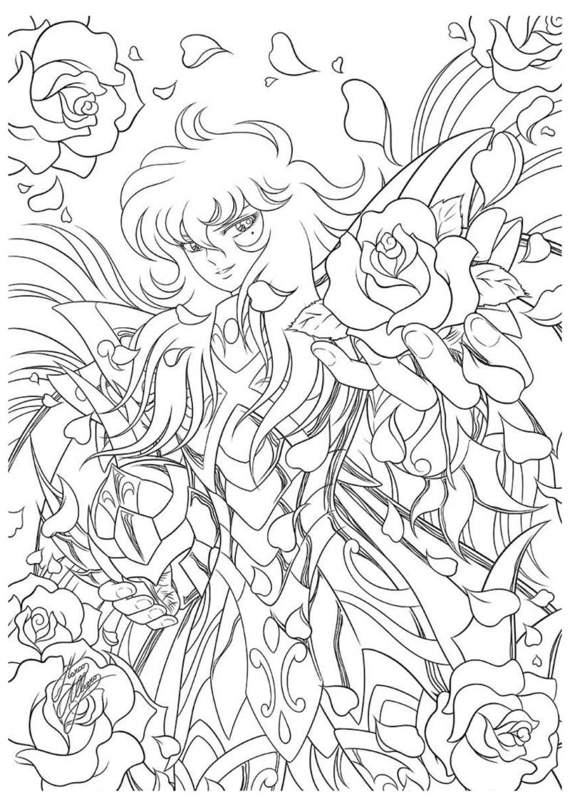 Desenho para colorir de um cavaleiro rodeado de rosas