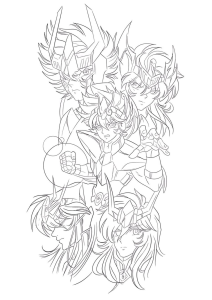 Desenho para colorir de um grupo de cavaleiros em traço fino