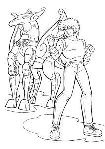 Desenho para colorir de Seiya ao lado da armadura de Pégaso