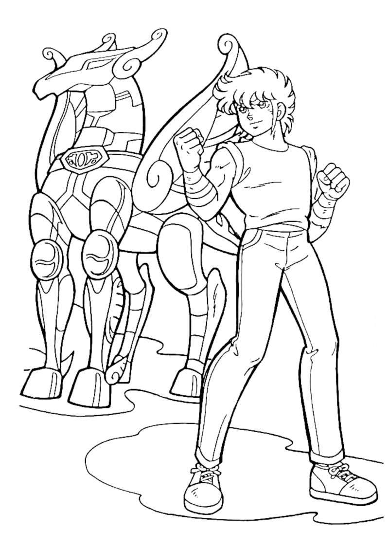 Desenho para colorir de Seiya ao lado da armadura de Pégaso