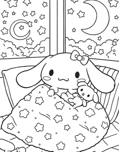 Desenho para colorir de Cinnamoroll deitado na cama à noite