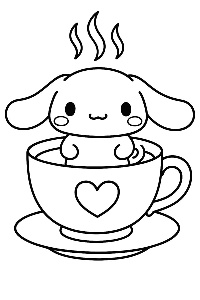 Desenho para colorir de Cinnamoroll dentro de uma chávena com coração