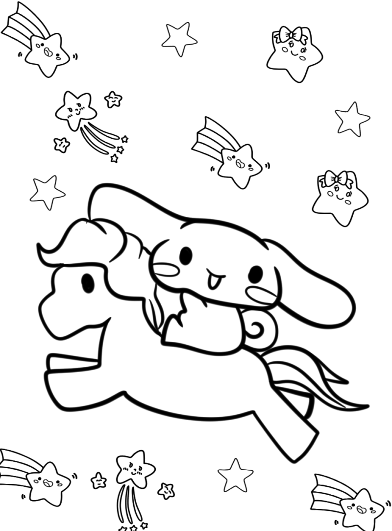 Desenho para colorir de Cinnamoroll a montar um pónei entre estrelas cadentes