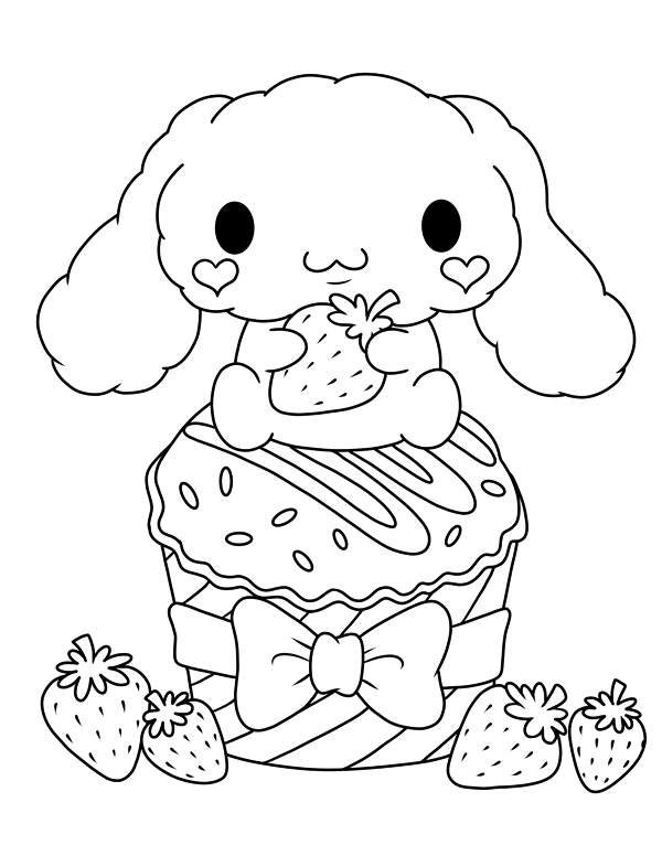 Desenho para colorir de Cinnamoroll em cima de um queque com morangos