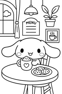 Desenho para colorir de Cinnamoroll a tomar chocolate quente no café