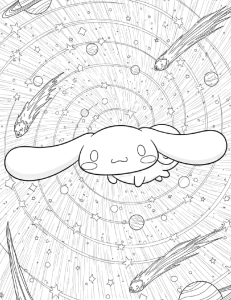 Desenho para colorir de Cinnamoroll a voar pelo espaço