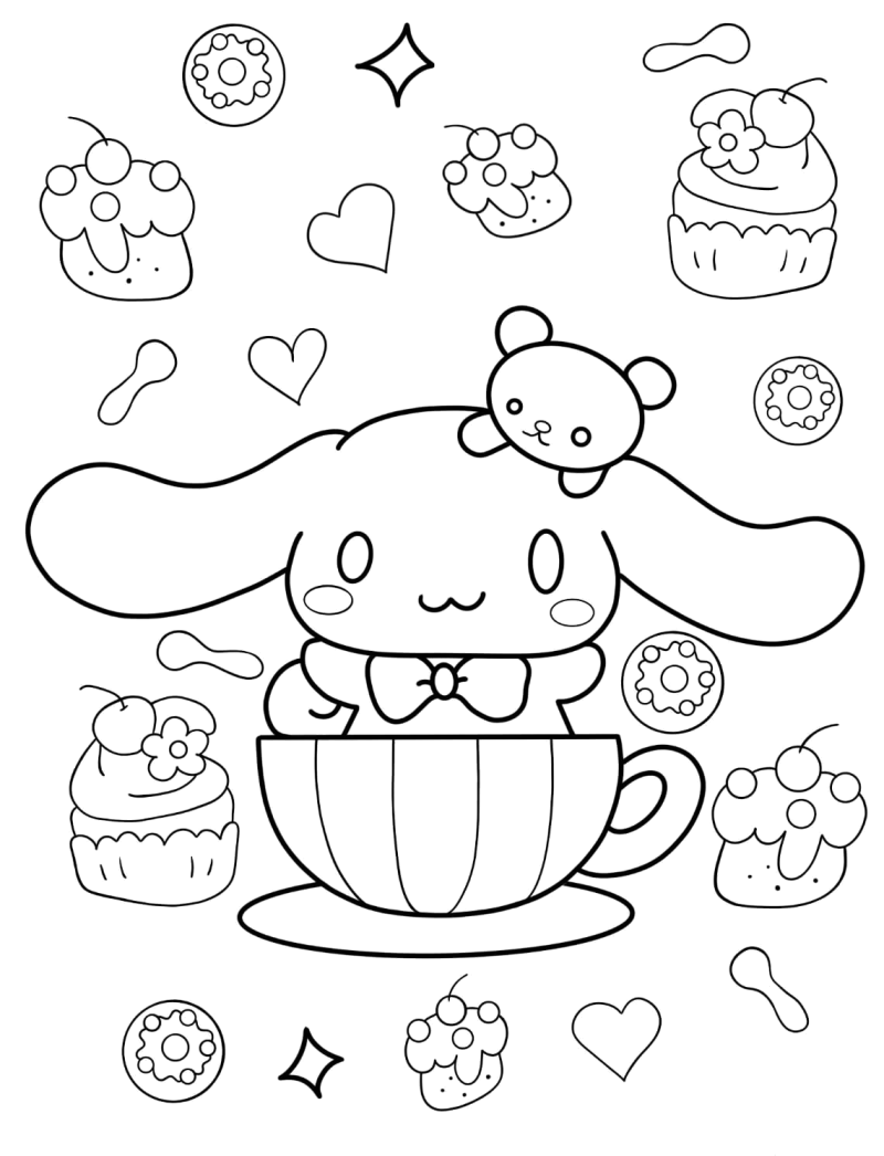 Desenho para colorir de Cinnamoroll numa chávena rodeado de doces
