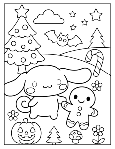 Desenho para colorir de Cinnamoroll com um boneco de gengibre e uma abóbora