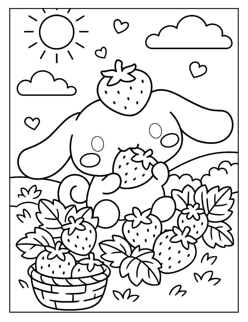 Desenho para colorir de Cinnamoroll a apanhar morangos