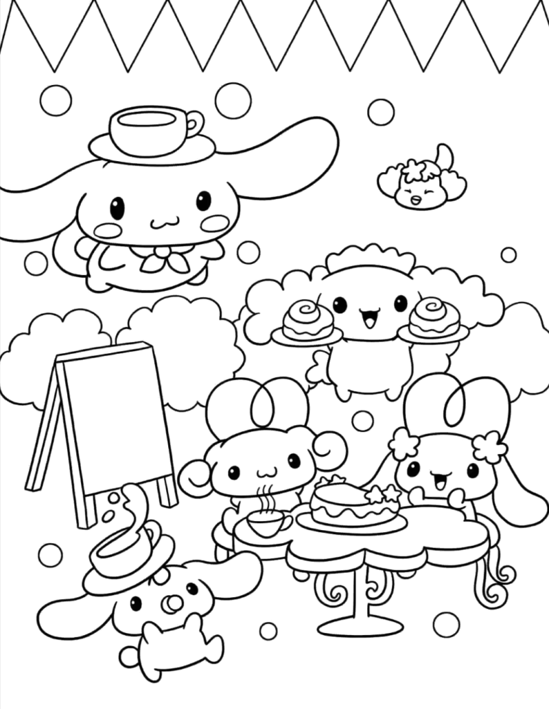 Desenho para colorir de Cinnamoroll e amigos num café