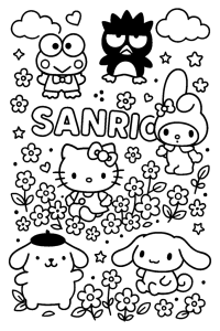 Desenho para colorir de Cinnamoroll e os amigos da Sanrio entre flores