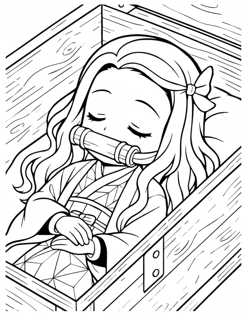 Desenho para colorir de Nezuko a dormir na caixa de madeira