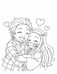 Desenho para colorir de Tanjiro e Nezuko abraçados