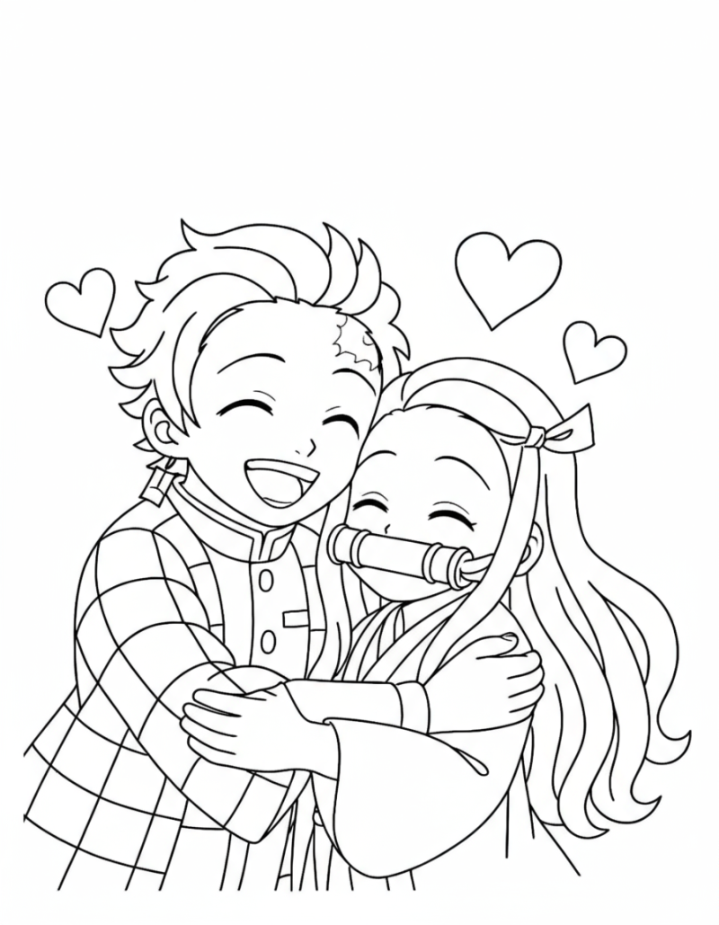 Desenho para colorir de Tanjiro e Nezuko abraçados