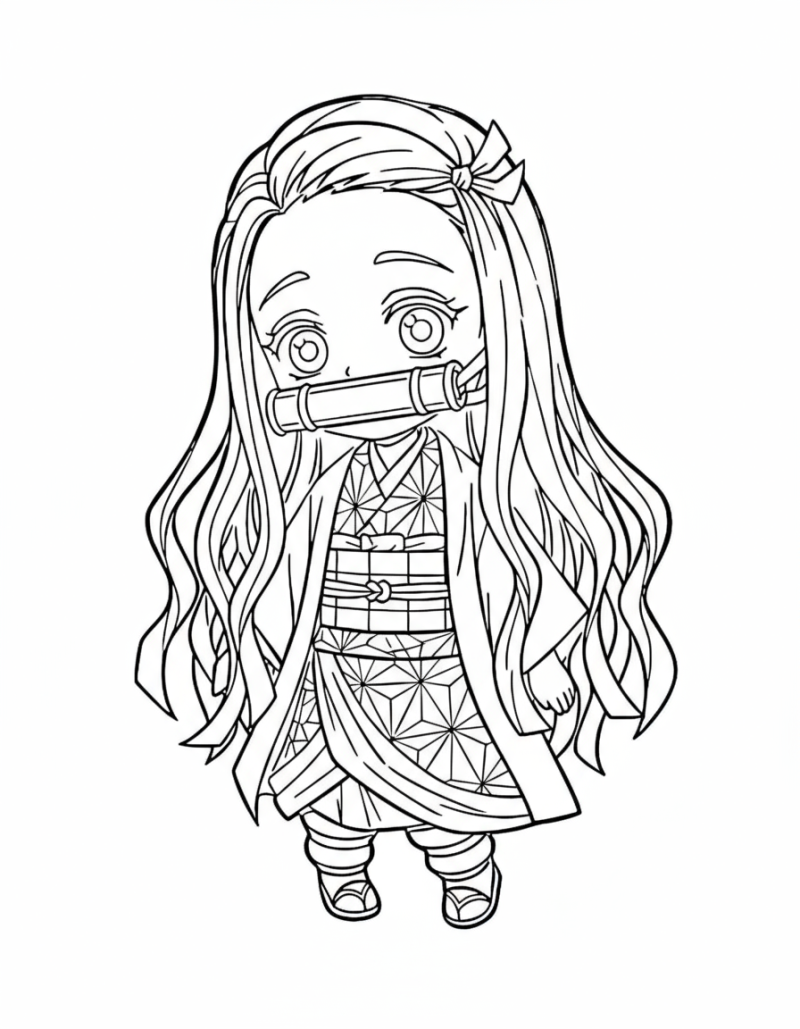 Desenho para colorir de Nezuko de corpo inteiro com o bambu