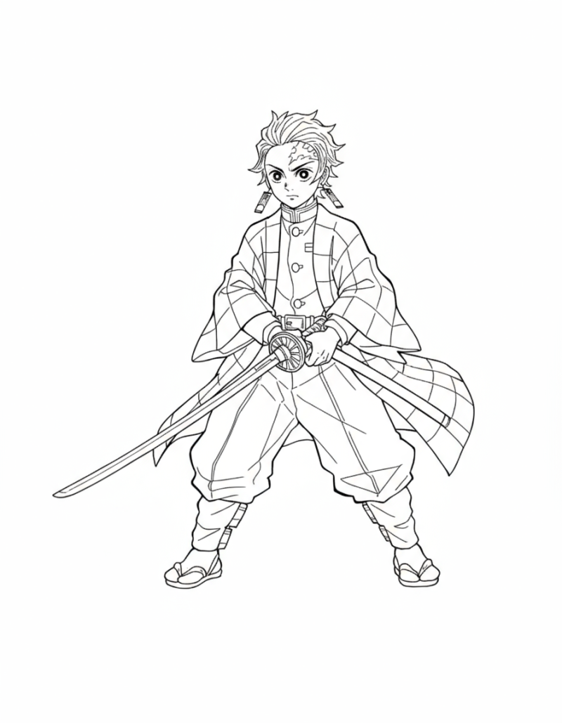 Desenho para colorir de Tanjiro de pé com a espada