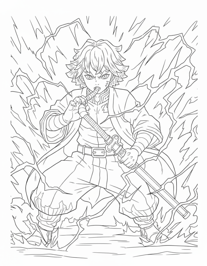 Desenho para colorir de Zenitsu entre relâmpagos