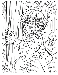 Desenho para colorir de Zenitsu assustado agarrado a uma árvore