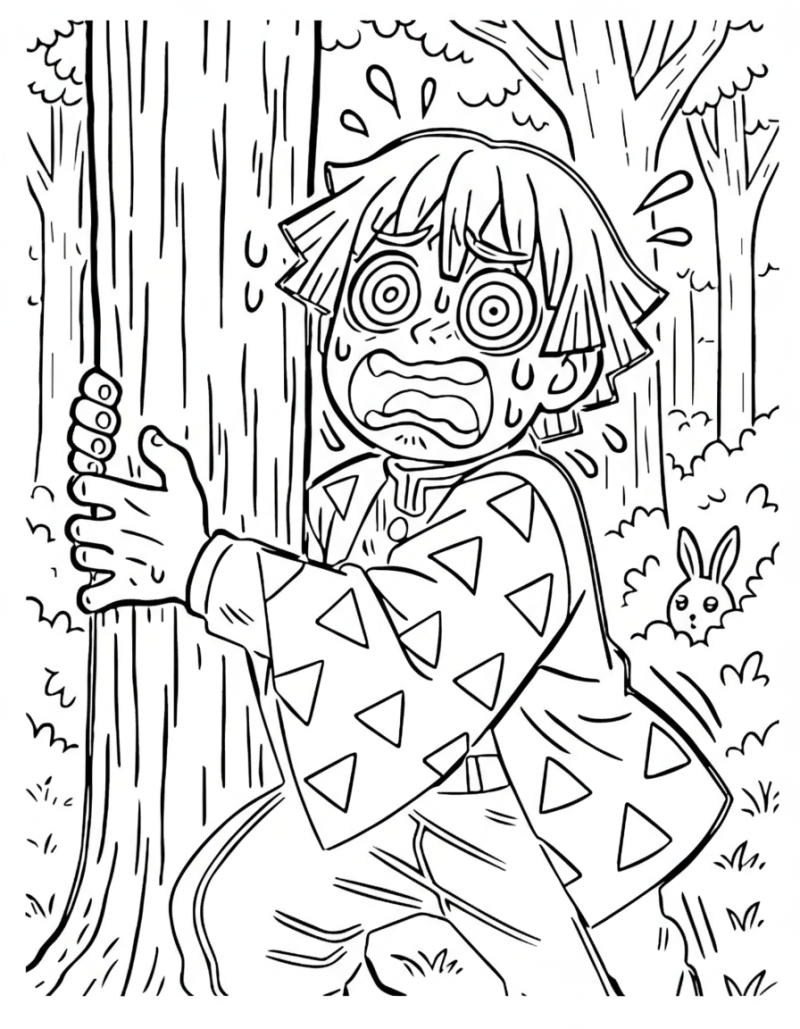 Desenho para colorir de Zenitsu assustado agarrado a uma árvore