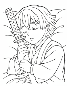 Desenho para colorir de Zenitsu a dormir com a espada