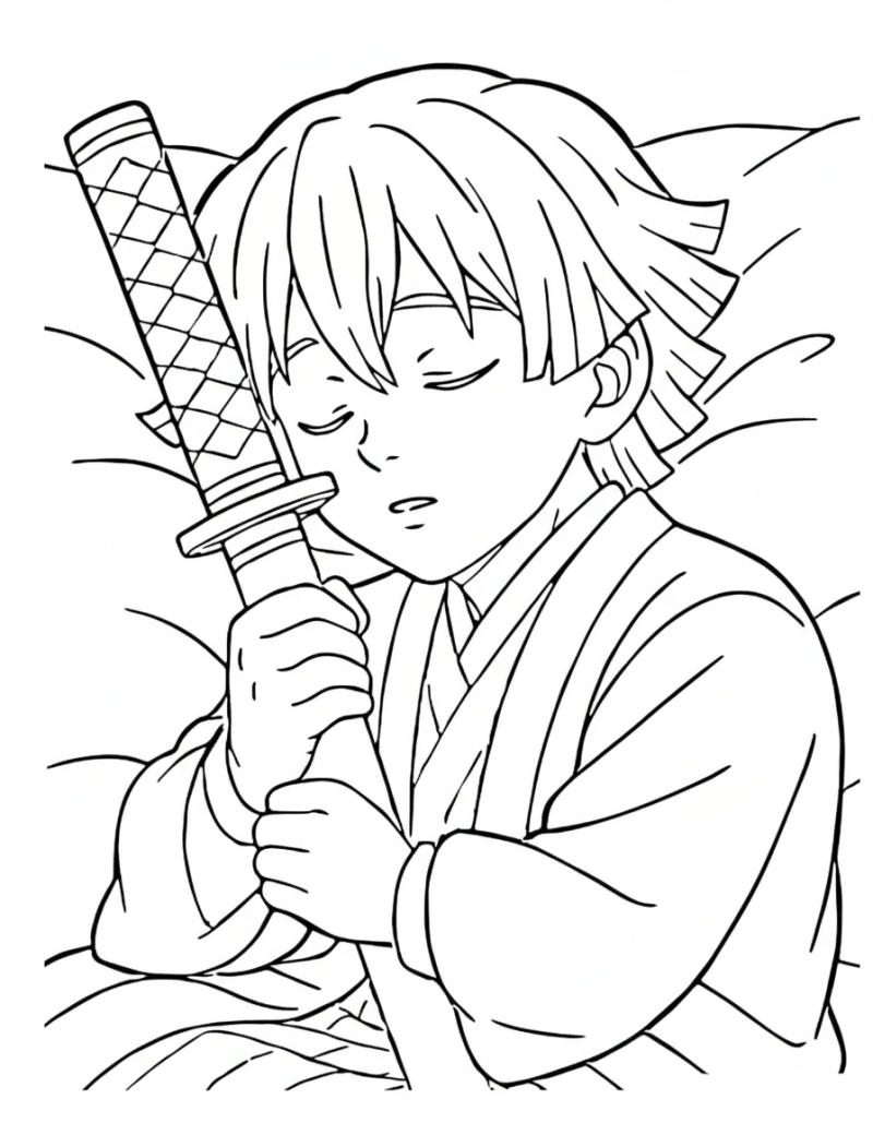 Desenho para colorir de Zenitsu a dormir com a espada