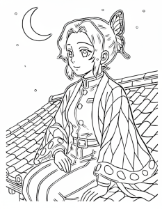 Desenho para colorir de uma caçadora de demónios sentada num telhado ao luar