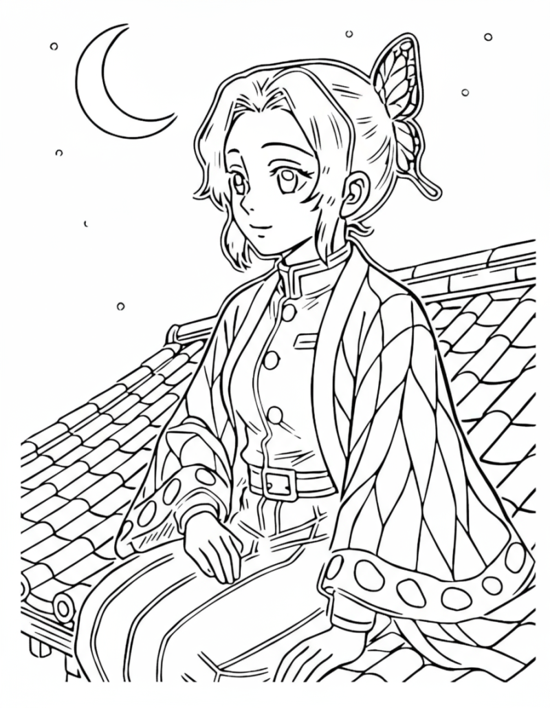 Desenho para colorir de uma caçadora de demónios sentada num telhado ao luar