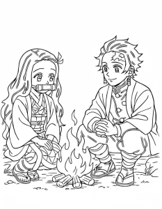 Desenho para colorir de Tanjiro e Nezuko junto a uma fogueira