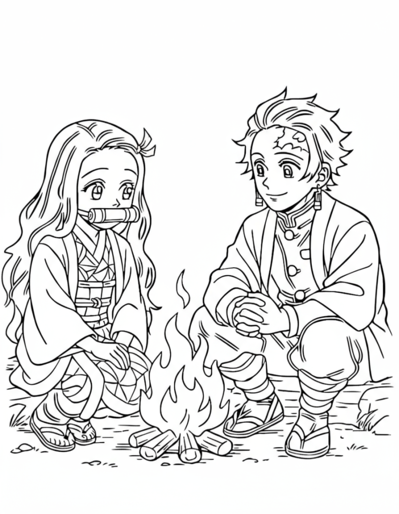 Desenho para colorir de Tanjiro e Nezuko junto a uma fogueira