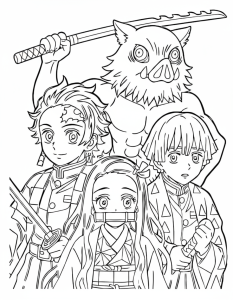 Desenho para colorir de Tanjiro, Nezuko, Zenitsu e Inosuke juntos