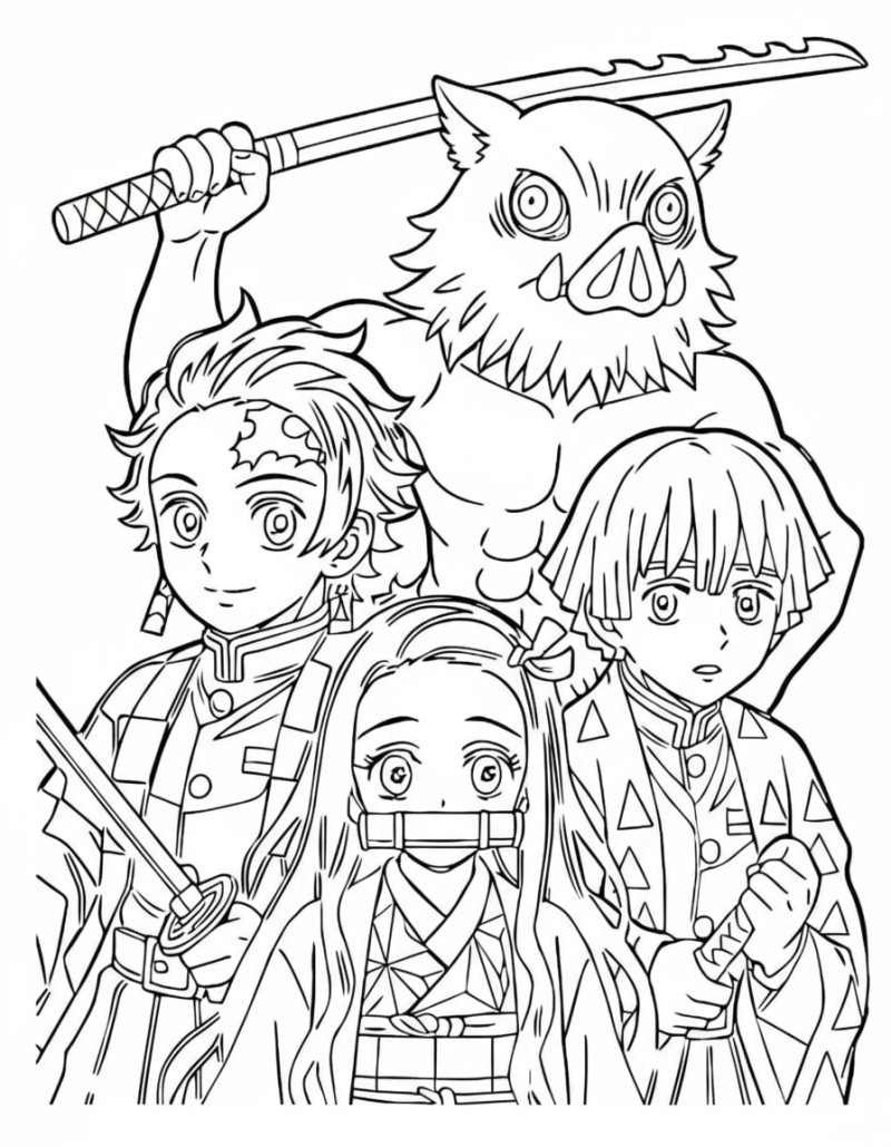 Desenho para colorir de Tanjiro, Nezuko, Zenitsu e Inosuke juntos