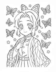 Desenho para colorir de uma caçadora de demónios rodeada de borboletas