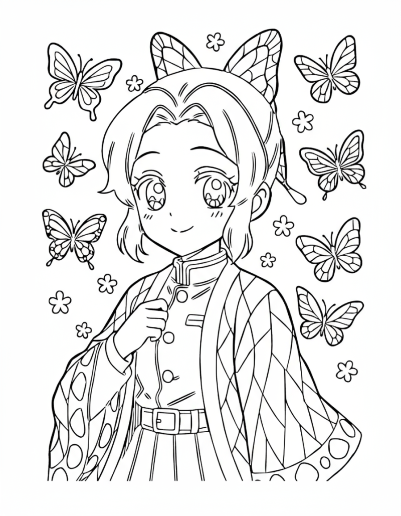 Desenho para colorir de uma caçadora de demónios rodeada de borboletas