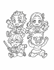 Desenho para colorir dos quatro amigos em versão chibi